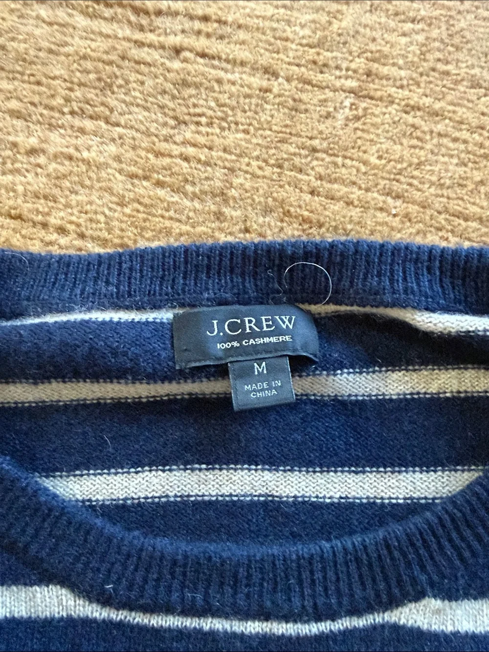 J. Crew 100% Cashmere Navy and Cream Striped Cashmere Crewneck Sweater